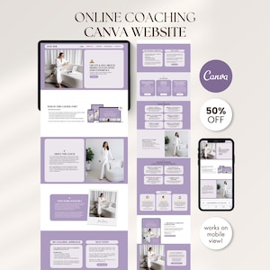 May include: A digital marketing website design displayed on a tablet and smartphone. The website design is in shades of purple and white, with the text "ONLINE COACHING CANVA WEBSITE". A circle graphic reads "50% OFF".