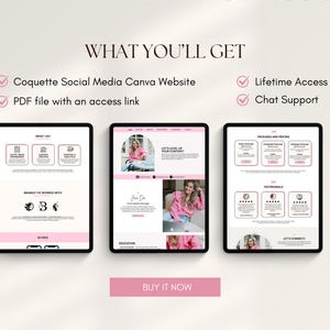 May include: Three digital tablets displaying a website design with pink and white elements. The text "WHAT YOU'LL GET" is at the top, with bullet points listing features. The bottom of the image has a pink button that says "BUY IT NOW".