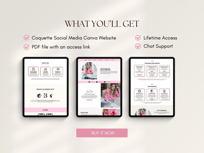 May include: Three digital tablets displaying a website design with pink and white elements. The text "WHAT YOU'LL GET" is at the top, with bullet points listing features. The bottom of the image has a pink button that says "BUY IT NOW".