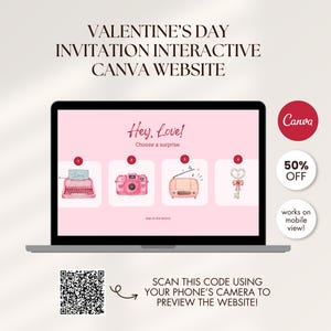 Op de afbeelding: Een laptop toont een Valentijnsdag-uitnodigingswebsite met de tekst "Hey, Love! Kies een verrassing." De website bevat illustraties van een typemachine, camera, radio en sleutel. De afbeelding bevat ook een QR-code en het Canva-logo.