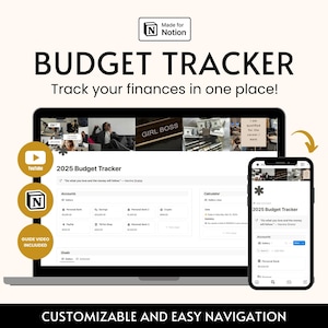 Könnte beinhalten: Ein Laptop und ein Smartphone-Bildschirm zeigen eine Budget-Tracker-Vorlage für Notion. Die Vorlage trägt den Titel "2025 Budget Tracker" und enthält Abschnitte für Konten, Ziele und einen Rechner. Der Text "Made for Notion" erscheint in der oberen rechten Ecke des Laptop-Bildschirms.