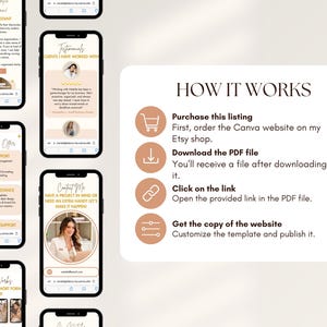 Puede incluir: Un dise&ntilde;o de plantilla de marketing digital que se muestra en tel&eacute;fonos inteligentes. La imagen muestra una gu&iacute;a de "C&oacute;mo funciona" y ejemplos de servicios ofrecidos, incluida la asistencia administrativa y creativa. El dise&ntilde;o es en tonos beige y marr&oacute;n.