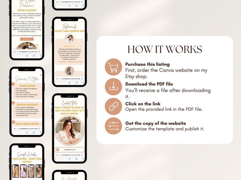 Puede incluir: Un dise&ntilde;o de plantilla de marketing digital que se muestra en tel&eacute;fonos inteligentes. La imagen muestra una gu&iacute;a de "C&oacute;mo funciona" y ejemplos de servicios ofrecidos, incluida la asistencia administrativa y creativa. El dise&ntilde;o es en tonos beige y marr&oacute;n.