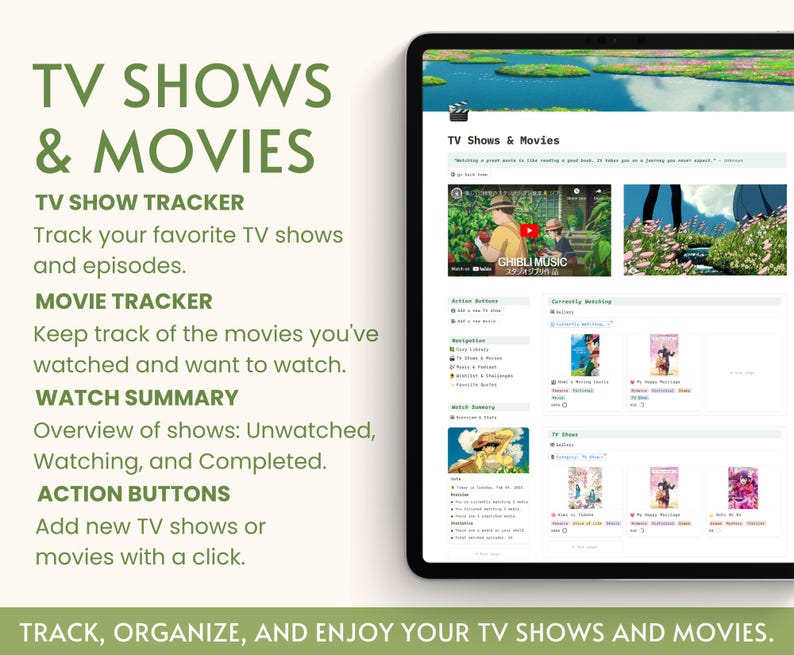 Estetisk underhållningsspårare Notion Dashboard Studio Ghibli-filmer Digital bokhylla Serier Filmspårning Personligt bibliotek Medieplanerare bild 6