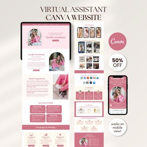 Puede incluir: Diseño de sitio web de marketing digital que se muestra en una tableta y dos teléfonos inteligentes. El sitio web presenta una combinación de colores rosa y blanco con el texto "Virtual Assistant Canva Website". El diseño incluye el texto "Natalie Purchman" y "50% OFF".