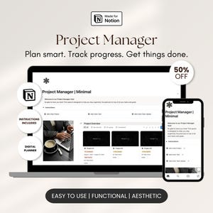 Peut inclure: Interface numérique de gestion de projet affichée sur un ordinateur portable et un smartphone. L'écran de l'ordinateur portable affiche un aperçu du projet avec le texte "Project Manager | Minimal". Le smartphone reflète l'interface. Le texte comprend "Planifiez intelligemment. Suivez les progrès. Faites avancer les choses."