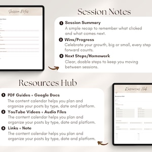 May include: Two digital tablets displaying session notes and a resources hub. The session notes include sections for session summary, wins/progress, and next steps/homework. The resources hub offers PDF guides, YouTube videos, and links.
