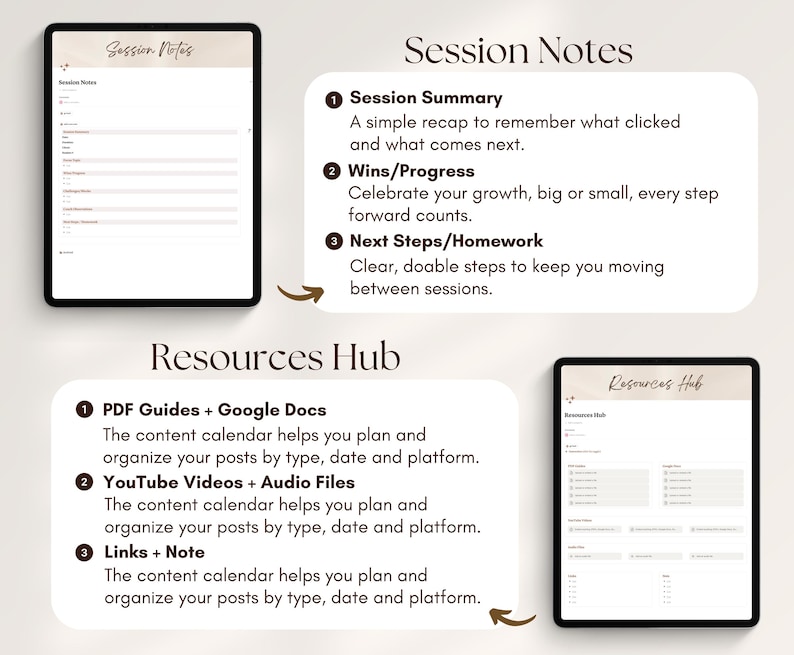 May include: Two digital tablets displaying session notes and a resources hub. The session notes include sections for session summary, wins/progress, and next steps/homework. The resources hub offers PDF guides, YouTube videos, and links.
