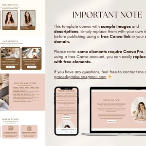 Puede incluir: Una plantilla de marketing digital en color rosa claro y marr&oacute;n. La plantilla incluye im&aacute;genes de muestra, texto y un enlace gratuito de Canva. El texto incluye "Meet the Team", "Our Services" y "Important Note". Un smartphone y un port&aacute;til muestran la plantilla.