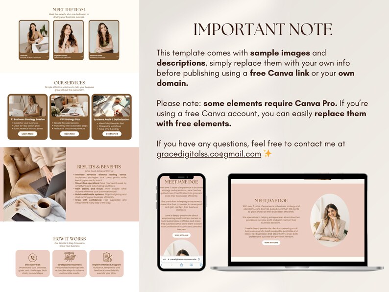 Puede incluir: Una plantilla de marketing digital en color rosa claro y marr&oacute;n. La plantilla incluye im&aacute;genes de muestra, texto y un enlace gratuito de Canva. El texto incluye "Meet the Team", "Our Services" y "Important Note". Un smartphone y un port&aacute;til muestran la plantilla.