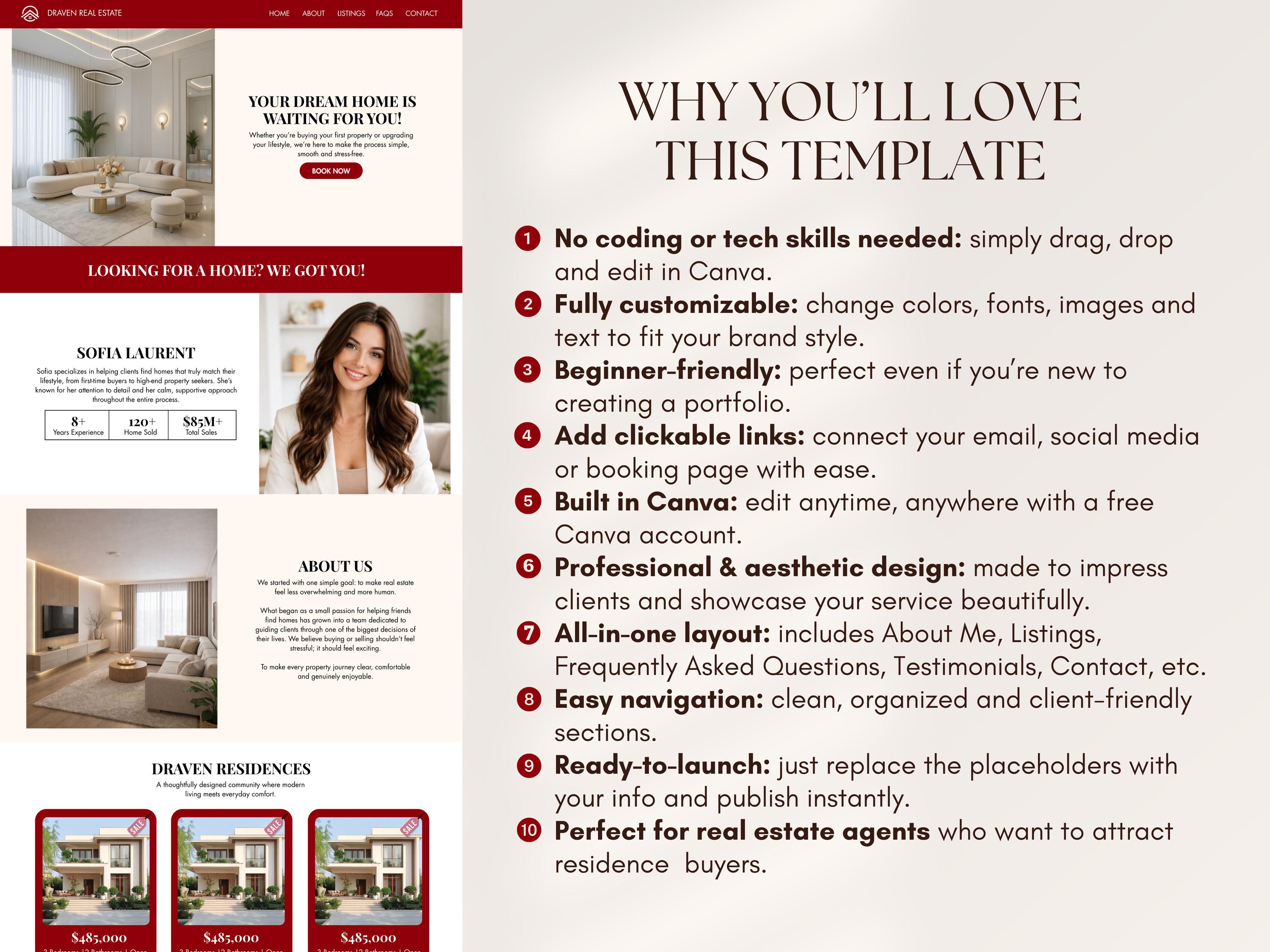 Red Real Estate Canva Website Template Modern Agent Landing Page ...