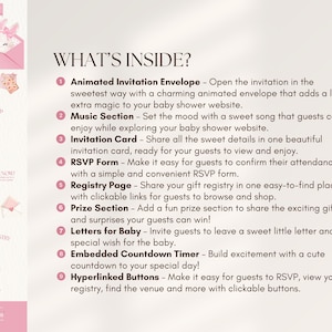 May include: A digital baby shower website template featuring a pink and white colour scheme with illustrations of a bunny, swan, and flowers. The text WHAT'S INSIDE? lists nine features including an animated envelope, music, RSVP form, and countdown timer.
