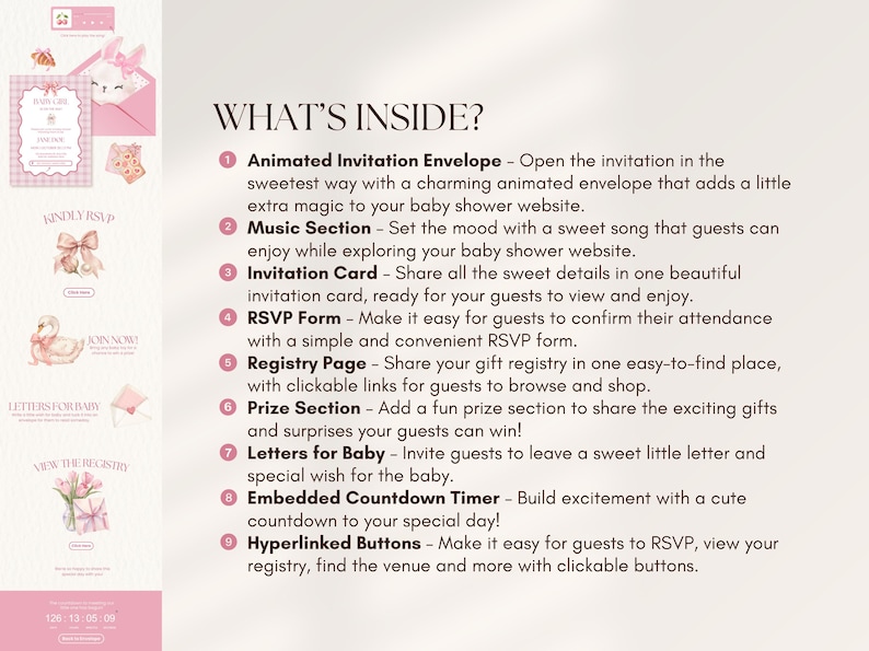 May include: A digital baby shower website template featuring a pink and white colour scheme with illustrations of a bunny, swan, and flowers. The text WHAT'S INSIDE? lists nine features including an animated envelope, music, RSVP form, and countdown timer.