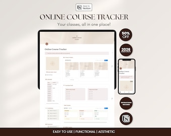 Notion-sjabloon voor online cursusplanning, leertracker, cursusnotitiesorganizer, digitale studieplanner, voortgangstracker, online cursuspakket