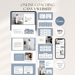 May include: A website design for online coaching, displayed on a tablet, phone, and computer. The design features a light blue and white color scheme with the text "ONLINE COACHING CANVA WEBSITE". A "50% OFF" badge is also visible.