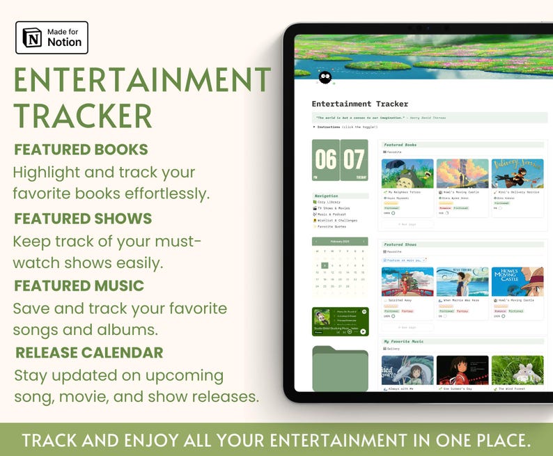 Estetisk underhållningsspårare Notion Dashboard Studio Ghibli-filmer Digital bokhylla Serier Filmspårning Personligt bibliotek Medieplanerare bild 4