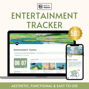 May include: A laptop screen displaying a Notion template for an entertainment tracker. The template features a light green background with a quote, "The world is but a canvas to our imagination." - Henry David Thoreau. The template also includes a section for featured books, a student planner, and a navigation bar. The laptop is on a white background with a green border.