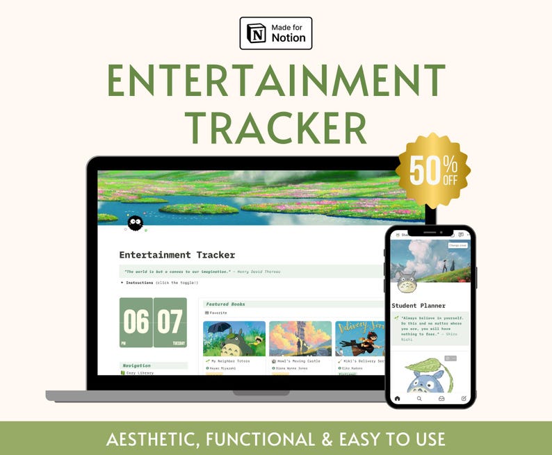 Estetisk underhållningsspårare Notion Dashboard Studio Ghibli-filmer Digital bokhylla Serier Filmspårning Personligt bibliotek Medieplanerare bild 1