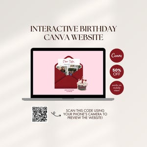 赤とピンクのインタラクティブな誕生日用Canvaウェブサイトテンプレート、誕生日サプライズギフト、バーチャルギフト