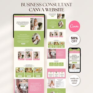 Puede incluir: Una maqueta digital de un sitio web de consultoría empresarial, que se muestra en una tableta y un teléfono inteligente. El diseño del sitio web presenta un esquema de color rosa y verde con el texto "BUSINESS CONSULTANT CANVA WEBSITE". El teléfono inteligente muestra "HELPING ENTREPRENEURS SCALE WITHOUT BURNOUT".