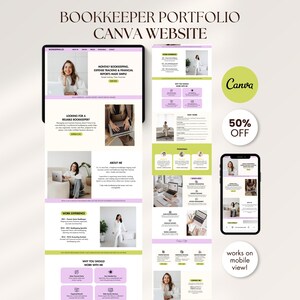May include: A digital template for a bookkeeper portfolio Canva website featuring a light purple and green color scheme. The layout includes sections for work experience, services, and an about me page, displayed on a tablet, a smartphone, and a vertical scroll view.