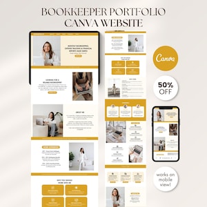 May include: A digital bookkeeper portfolio template for Canva featuring a mustard yellow and white color scheme. The layout includes sections for services, about me, and work experience, displayed on a tablet, a smartphone, and a vertical scroll.
