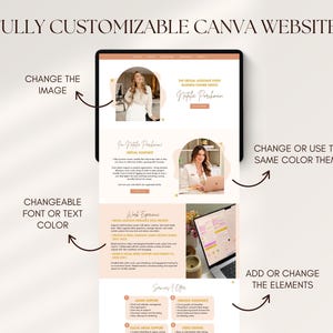 Puede incluir: Una maqueta digital de un dise&ntilde;o de sitio web en una tableta, con el texto "FULLY CUSTOMIZABLE CANVA WEBSITE!". El dise&ntilde;o presenta una combinaci&oacute;n de colores melocot&oacute;n claro y blanco, con im&aacute;genes y cuadros de texto.