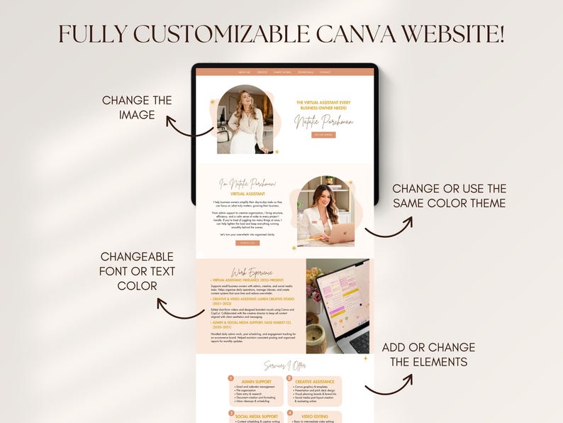 Puede incluir: Una maqueta digital de un dise&ntilde;o de sitio web en una tableta, con el texto "FULLY CUSTOMIZABLE CANVA WEBSITE!". El dise&ntilde;o presenta una combinaci&oacute;n de colores melocot&oacute;n claro y blanco, con im&aacute;genes y cuadros de texto.