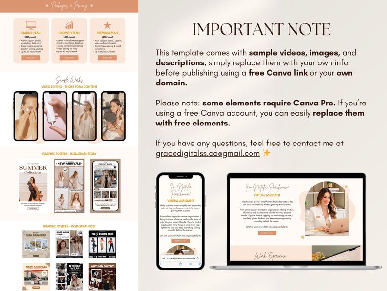 Puede incluir: Una plantilla de marketing digital con un fondo beige claro. La imagen incluye maquetas de tel&eacute;fonos y un port&aacute;til que muestra dise&ntilde;os de sitios web, junto con carteles gr&aacute;ficos. El texto incluye "Important Note" y "Summer Collection".