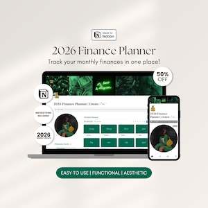 Grön 2026 Finansplanerare Notion Instrumentpanelmall Allt-i-ett-planerare Notion Digital inkomstspårare Budgetplanerare ADHD Affärsplanerare