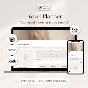 Notion Novel Planner Template voor schrijvers Karakterprofielen Worldbuilding Auteur Planner Verhaal plotten Roman overzicht Notion-dashboard