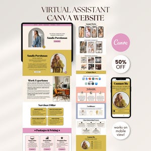 Puede incluir: Maqueta digital de un sitio web de Canva para asistente virtual. El diseño incluye pantallas de tableta y teléfono inteligente, con secciones para experiencia laboral, servicios ofrecidos y paquetes. La combinación de colores es principalmente beige, rosa y dorado.