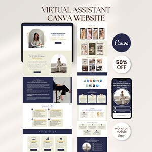 May include: A website design for a virtual assistant, shown on a tablet and a smartphone. The design uses navy blue and beige, with the text "Virtual Assistant Canva Website". The Canva logo and a "50% OFF" badge are also visible. The text "works on mobile view!" is also present.