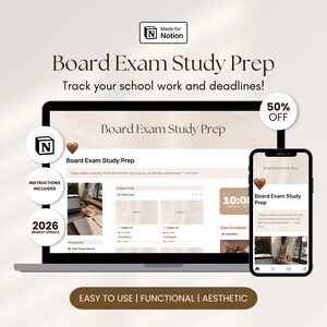 Può includere: Un modello di pianificatore di studio digitale per Notion visualizzato sullo schermo di un laptop e di uno smartphone. L'interfaccia presenta una dashboard Board Exam Study Prep con hub di argomenti, conti alla rovescia e menu.