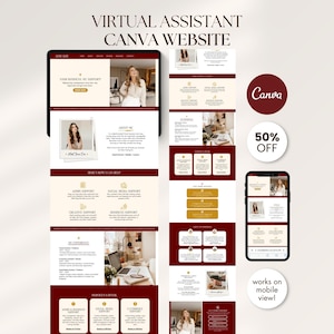 Pode incluir: Um modelo digital para um site de assistente virtual projetado no Canva, com um esquema de cores vermelho escuro e creme. O layout inclui seções para serviços, um perfil sobre mim e informações de contato, exibidos em desktop e dispositivos móveis.
