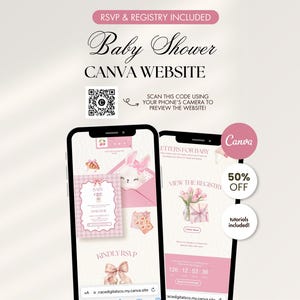 Pode incluir: Um modelo digital para um site de chá de bebê no Canva com gráficos em rosa e branco, incluindo um código QR para visualização, texto com RSVP & REGISTRY INCLUDED, Baby Shower CANVA WEBSITE e várias ilustrações de envelopes, laços e flores.