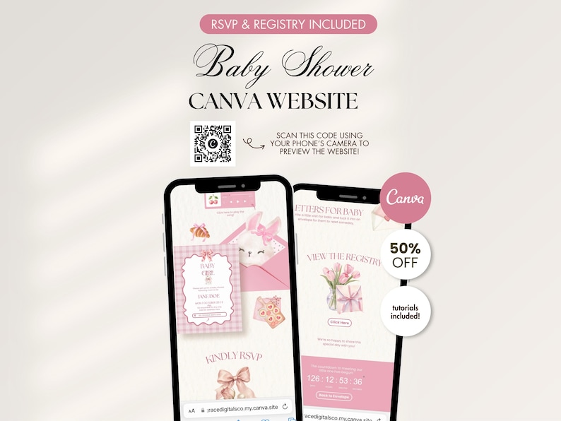 May include: A digital template for a baby shower Canva website featuring pink and white graphics, including a QR code for previewing, text reading RSVP & REGISTRY INCLUDED, Baby Shower CANVA WEBSITE, and various illustrations of envelopes, bows, and flowers.
