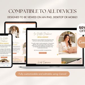 Puede incluir: Un dise&ntilde;o de marketing digital que muestra un dise&ntilde;o de sitio web en una computadora port&aacute;til, tableta y tel&eacute;fono inteligente. El dise&ntilde;o presenta a una mujer trabajando en una computadora port&aacute;til, con el texto "Asistente virtual" y "&iexcl;Totalmente personalizable y editable con Canva!"