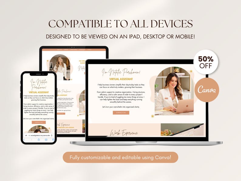 Puede incluir: Un dise&ntilde;o de marketing digital que muestra un dise&ntilde;o de sitio web en una computadora port&aacute;til, tableta y tel&eacute;fono inteligente. El dise&ntilde;o presenta a una mujer trabajando en una computadora port&aacute;til, con el texto "Asistente virtual" y "&iexcl;Totalmente personalizable y editable con Canva!"