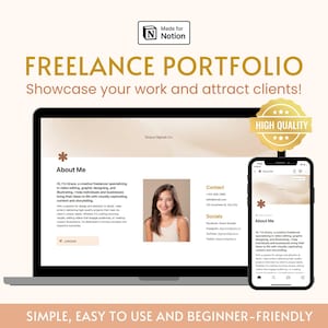 May include: A laptop computer screen displaying a website with the text "FREELANCE PORTFOLIO" and "Showcase your work and attract clients!" The website is a portfolio for a freelance graphic designer, video editor, and illustrator. The website has a section called "About Me" and a section called "Contact". The website also has a section called "Socials" with links to the designer's social media accounts. The website is designed in a minimalist style with a light brown background and white text.