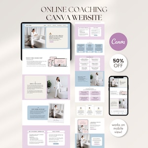 Op de afbeelding: Een digitale mockup met een website-ontwerp voor online coaching, weergegeven op een tablet en smartphone. Het ontwerp heeft een strakke, moderne esthetiek met zachte pastelkleuren en afbeeldingen van een vrouw in een wit pak. Tekst bevat "ONLINE COACHING CANVA WEBSITE" en "50% OFF".