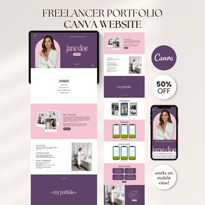 Puede incluir: Una maqueta digital de un sitio web de portafolio para freelancers, en morado, rosa y blanco. El diseño se muestra en una tableta y un teléfono inteligente. El texto incluye "FREELANCER PORTFOLIO CANVA WEBSITE", "jane doe" y el logotipo de Canva.