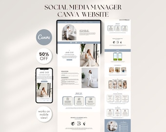 Plantilla de Canva editable para portafolio de administrador de redes sociales en azul para creadores de contenido, páginas de destino de sitios web de redes sociales, descarga digital.