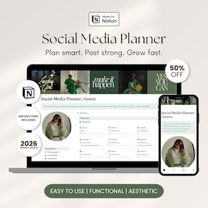 Könnte beinhalten: Ein Laptop und ein Smartphone zeigen eine "Social Media Planner"-Oberfläche. Der Laptop-Bildschirm zeigt einen grün gestalteten Planer mit Abschnitten für Social-Media-Plattformen. Das Smartphone spiegelt das Design des Planers wider. Text enthält "Plan smart. Post strong. Grow fast."