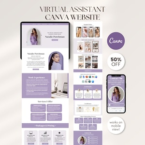 Könnte beinhalten: Ein digitales Mockup eines Website-Designs für einen virtuellen Assistenten, angezeigt auf einem Tablet und einem Smartphone. Die Website verfügt über ein Lavendel- und Weiß-Farbschema mit dem Text "Virtual Assistant Canva Website" und dem Namen "Natalie Porchman".