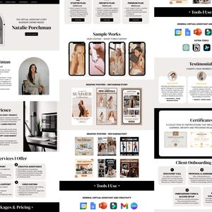 May include: A website design for a virtual assistant, Natalie Porchman, featuring a professional layout with sections for services, work experience, and client testimonials. The design includes images, text, and icons.