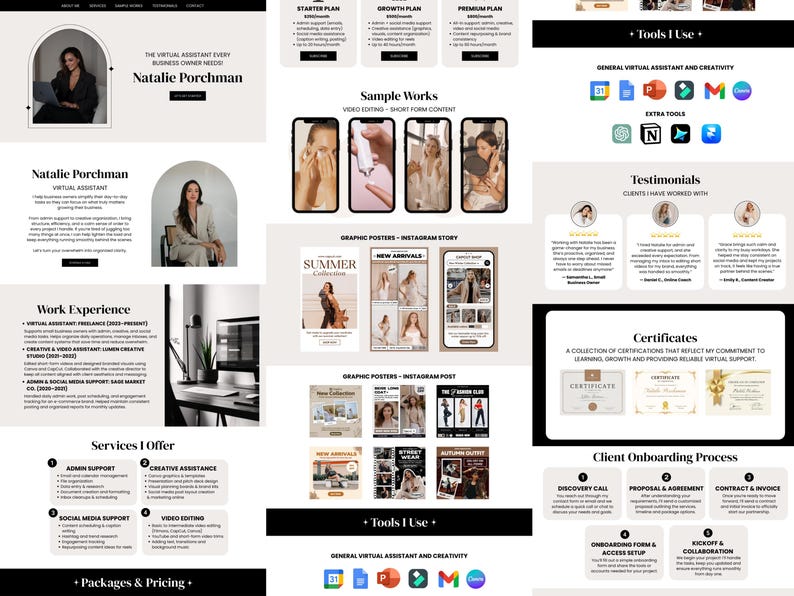 May include: A website design for a virtual assistant, Natalie Porchman, featuring a professional layout with sections for services, work experience, and client testimonials. The design includes images, text, and icons.