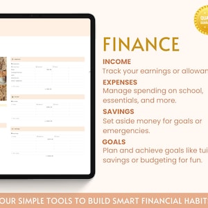 K&ouml;nnte beinhalten: Eine digitale Planervorlage mit beigefarbenem Hintergrund und dem Wort "FINANCE" in brauner Schrift. Die Vorlage enth&auml;lt Abschnitte f&uuml;r Einkommen, Ausgaben, Ersparnisse und Ziele. Der Text "YOUR SIMPLE TOOLS TO BUILD SMART FINANCIAL HABITS!" befindet sich am unteren Rand der Seite.
