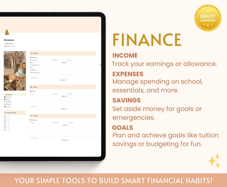 K&ouml;nnte beinhalten: Eine digitale Planervorlage mit beigefarbenem Hintergrund und dem Wort "FINANCE" in brauner Schrift. Die Vorlage enth&auml;lt Abschnitte f&uuml;r Einkommen, Ausgaben, Ersparnisse und Ziele. Der Text "YOUR SIMPLE TOOLS TO BUILD SMART FINANCIAL HABITS!" befindet sich am unteren Rand der Seite.