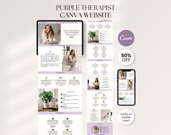 May include: A digital website template for therapists featuring a purple and white color scheme. The layout includes sections for services, values, and professional profiles, displayed on a tablet and smartphone screen with Canva branding and a 50% off badge.